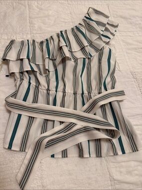 Ann Taylor one shoulder pullover top, with removable tie. Size: XS, Color: green